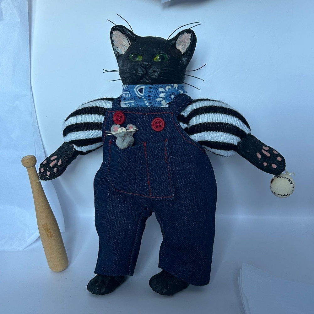 Primitive Looking Black Cat Figurine Handmade Folk Art Doll in Denim Overalls